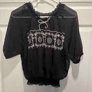 Embroidered Peasant Blouse Top Smocked Size L Black Short Sheer Sleeves